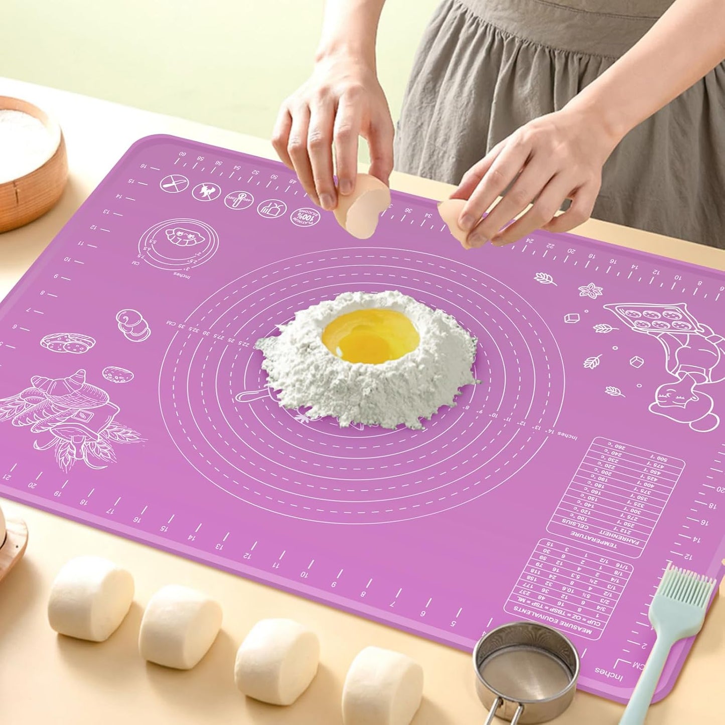 Silicone Baking Mat 28" x 20" Extra Thickness Dough Rolling Mat with Measurements and Edge Heightening, Non-stick Food Grade Silicone Pastry Mat for Pastry, Bread, Cookies, Pizza, Fondant, Pasta