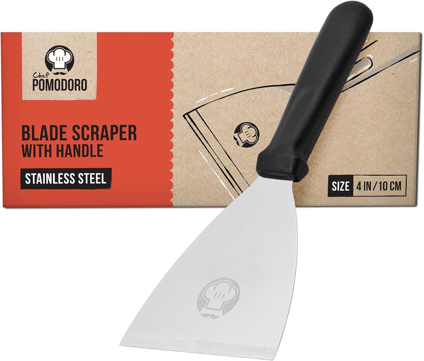 Chef Pomodoro Pizza Dough Scraper Tool 4" (10 cm), Bench Scraper with Handle, Stainless Steel Bench Knife and Metal Chopper for Kitchen, Bread Spatula, Pastry Tool for Food and Baking