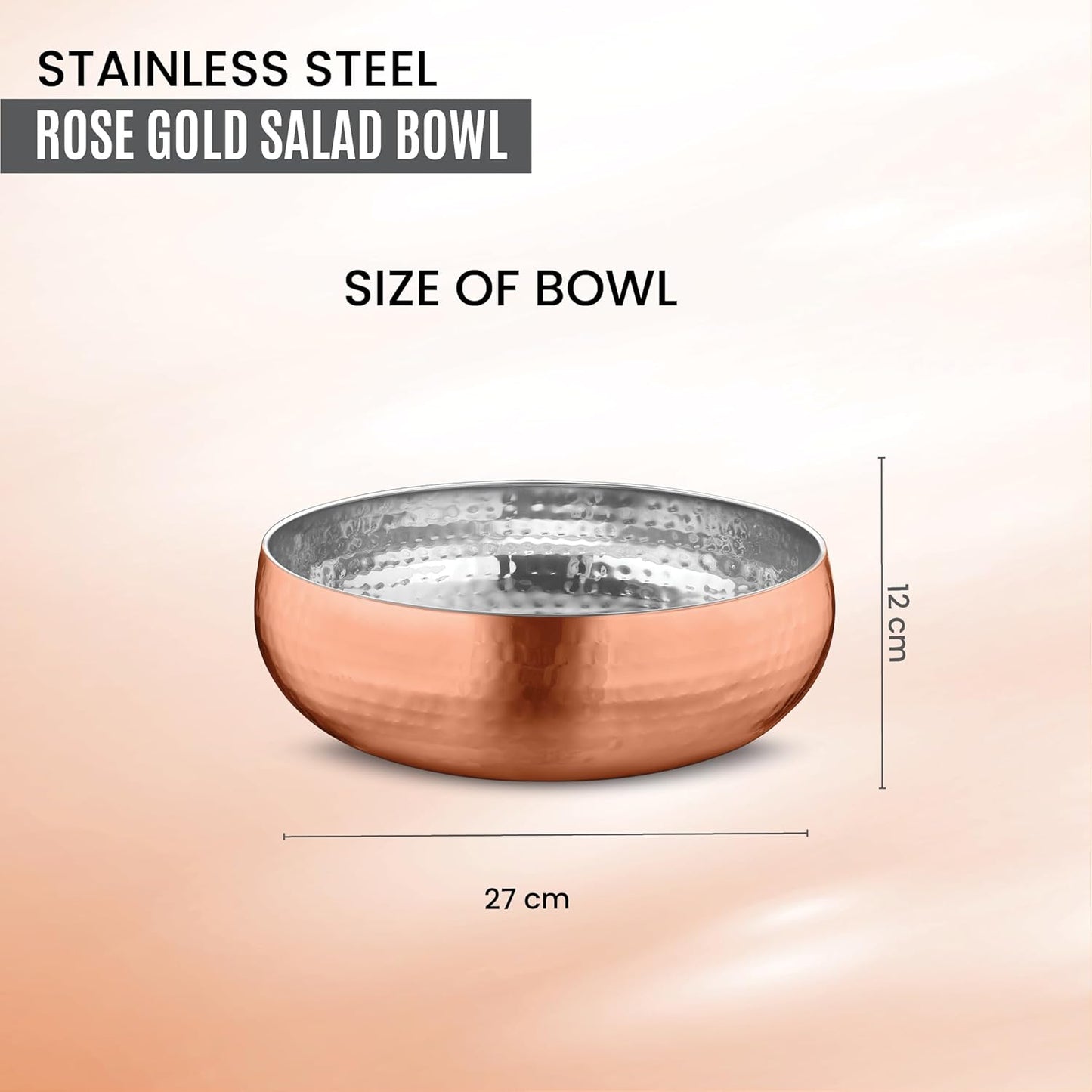 Avador® Set of 3 Premium Stainless Steel Salad Mixing Bowl Hammered Finish | Handmade | Includes Salad Serving Utensils (Rose Gold)