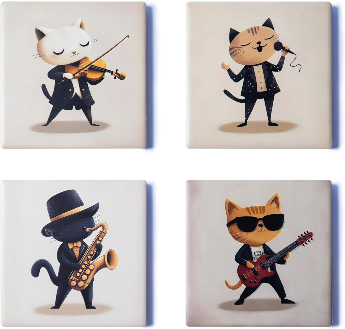 Ceramic Coasters Set of 4 – Square Drink Coasters with Cork Backing, 3.9x3.9 Inches – Decorative Printed Designs for Home, Office, or Gift Use (Musical Cats)