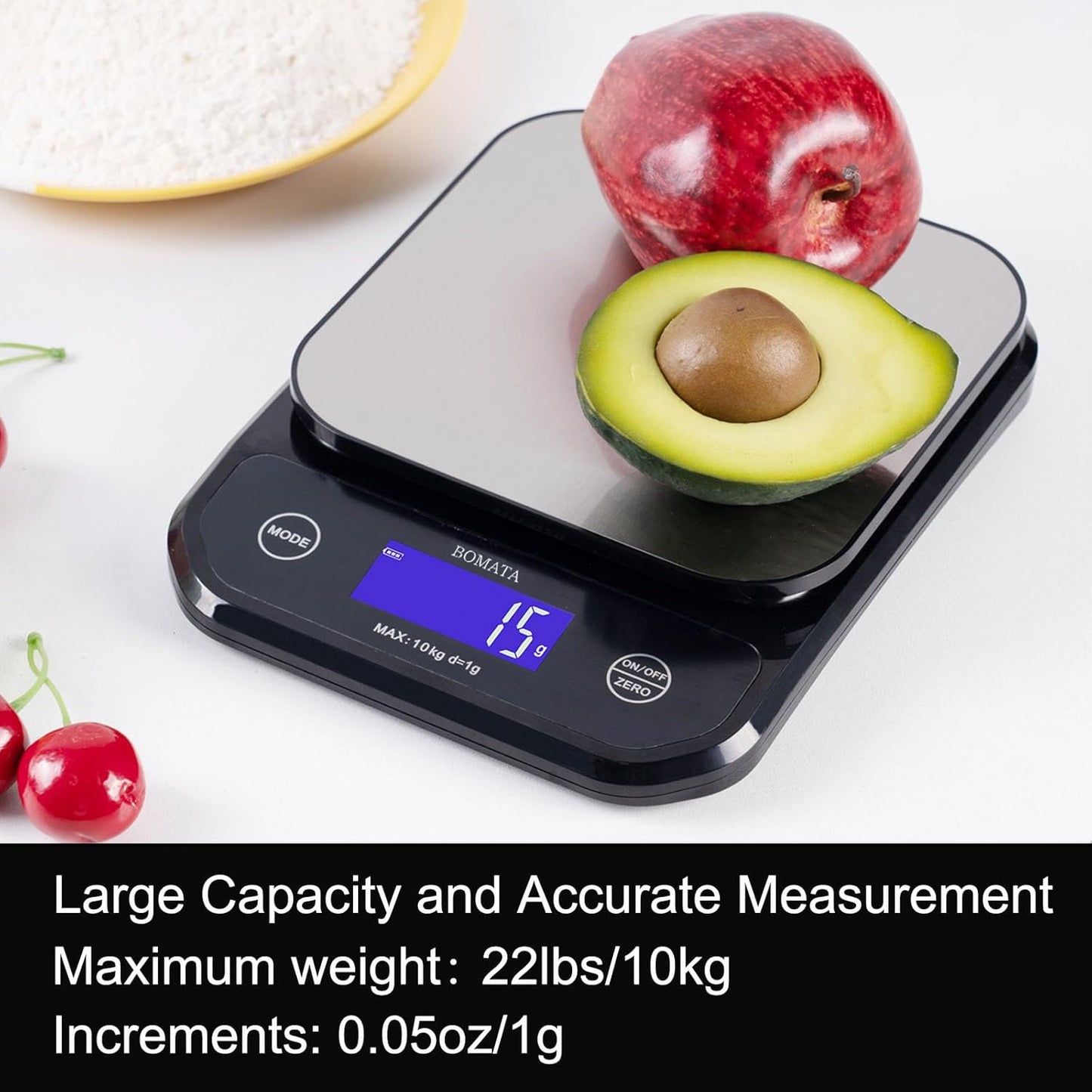 BOMATA IPX7 Waterproof Food Scale, 22lb/10kg, USB Rechargeable, Submersible, Ounces and Grams for Cooking Baking Weight Loss, 0.05oz/1g Precise Graduation, Wide Viewing Angle LCD, Stainless Steel