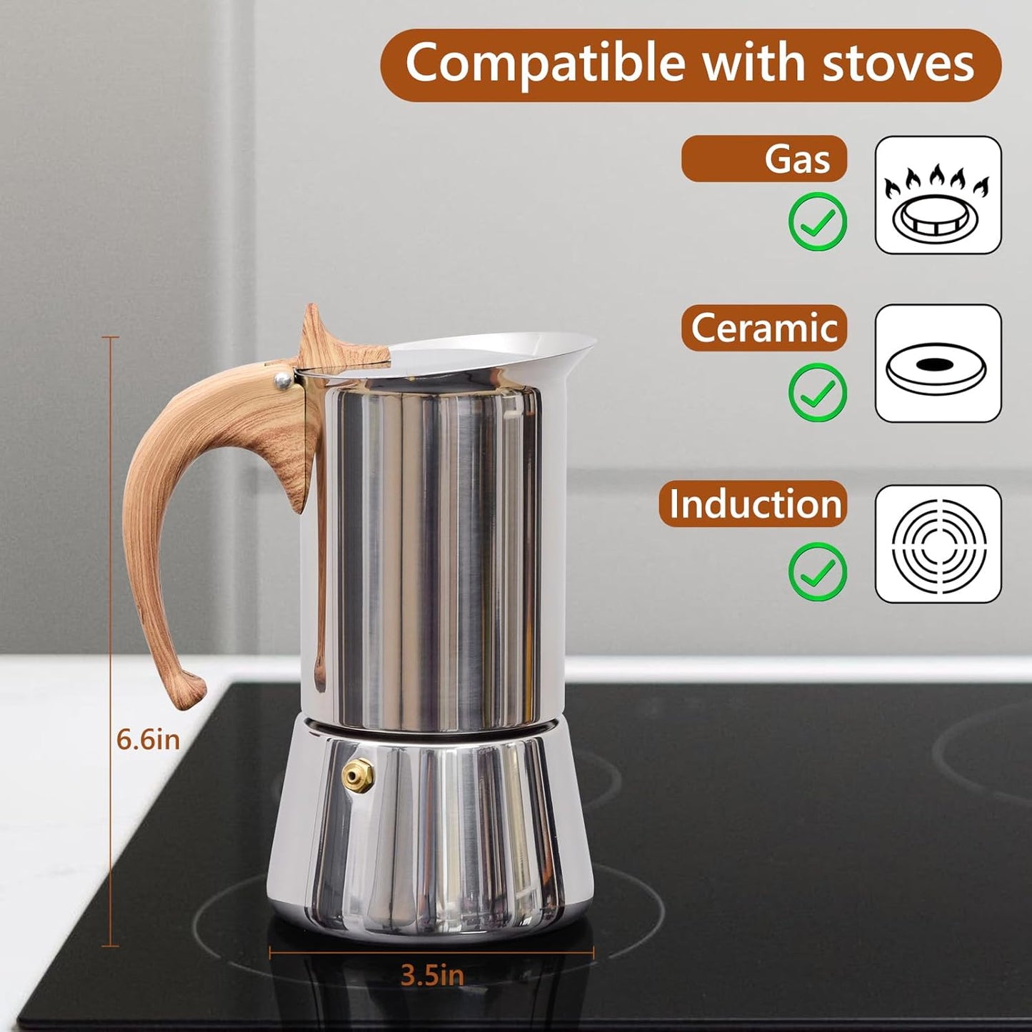 Induction Moka Pot, Stainless Steel, Stovetop Espresso Coffee Maker, 6 Cup/300ml/10.1oz, Easy to Use and Clean, Camping Home Use | for Mocha Cappuccinos, Lattes