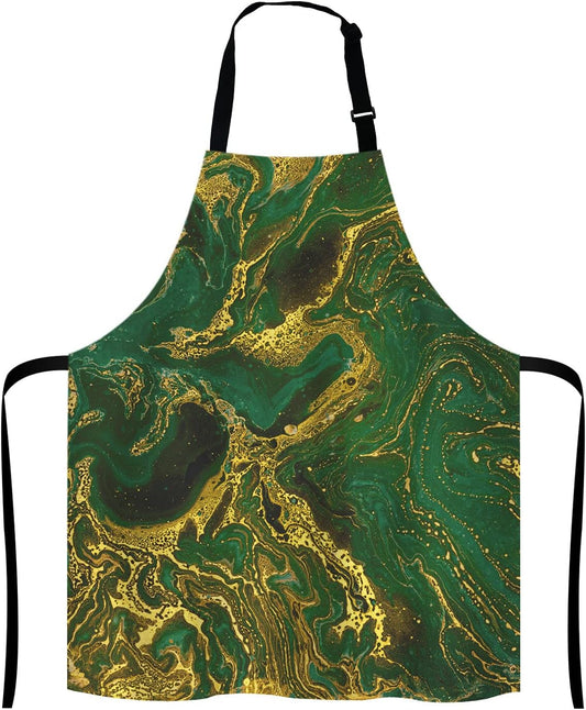 Watercolor Gold Marble Abstract Mineral Green Golden Waves Pattern Adjustable Bib Apron Kitchen Cooking Baking Gardening Apron for Women Men