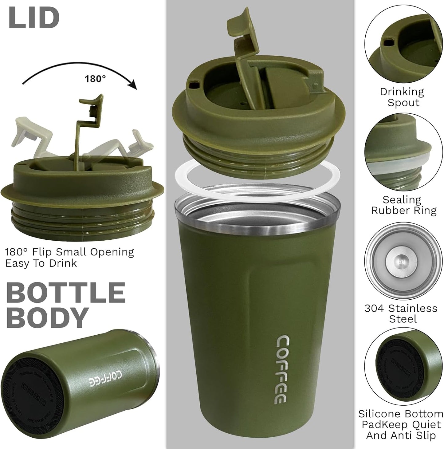 YINBAOGE Insulated Travel Coffee Mug Spill Proof Leak Proof Pobtable To Go Camping Stainless Steel Coffee Tumbler Reusable Coffee Cups with Lids Thermos for Hot and Cold Drink (2nd-Green, 12 OZ)