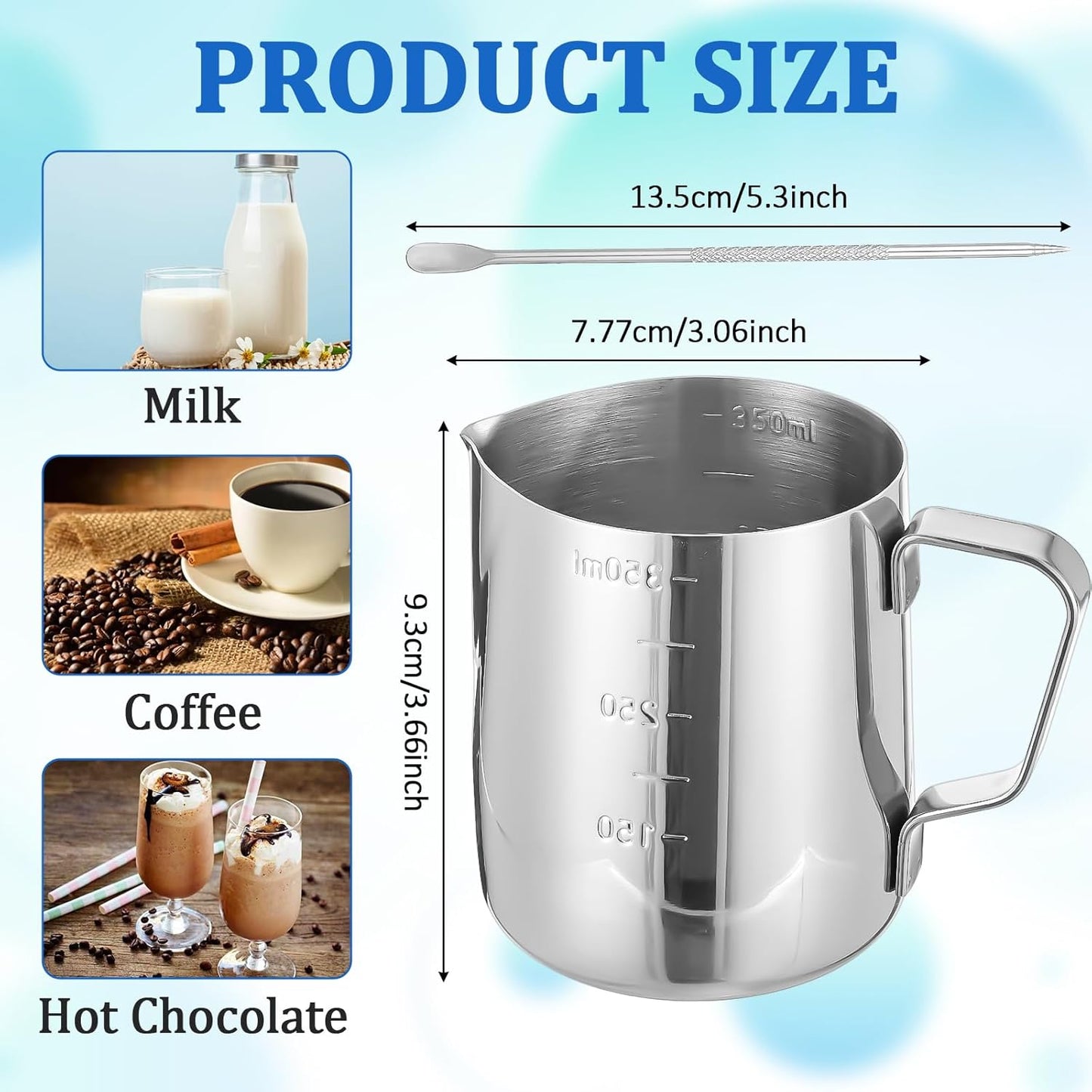 4 Pcs Stainless Steel Espresso Milk Frothing Pitcher Set with Latte Art Pen, 12 oz Milk Frother Cup, Frothing Cup for Cappuccino, Latte, Home & Cafe Use