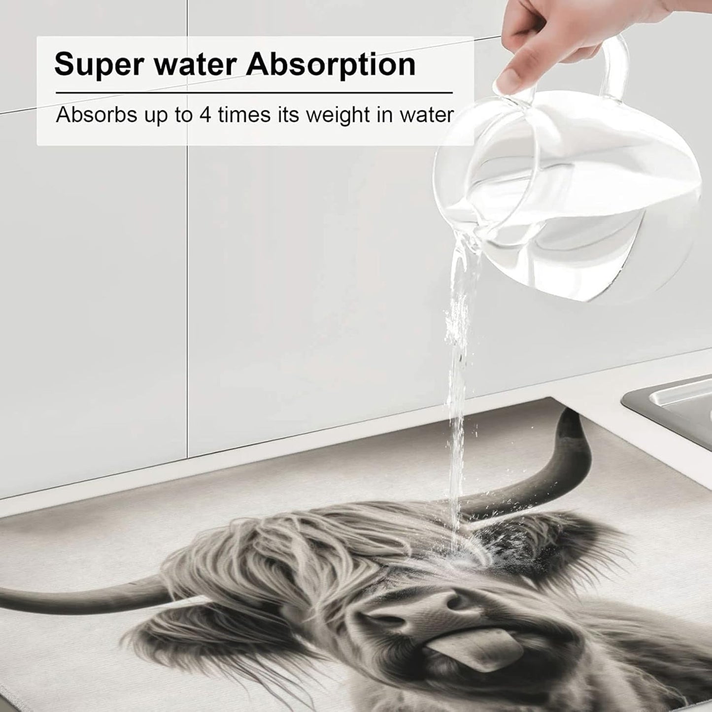 Large Dish Drying Mats For Kitchen Counter Microfiber Kitchen Drying Mat XL Draining Pad Absorbent Quick Drying Dish Mat 18x24 Inch - Cow Face