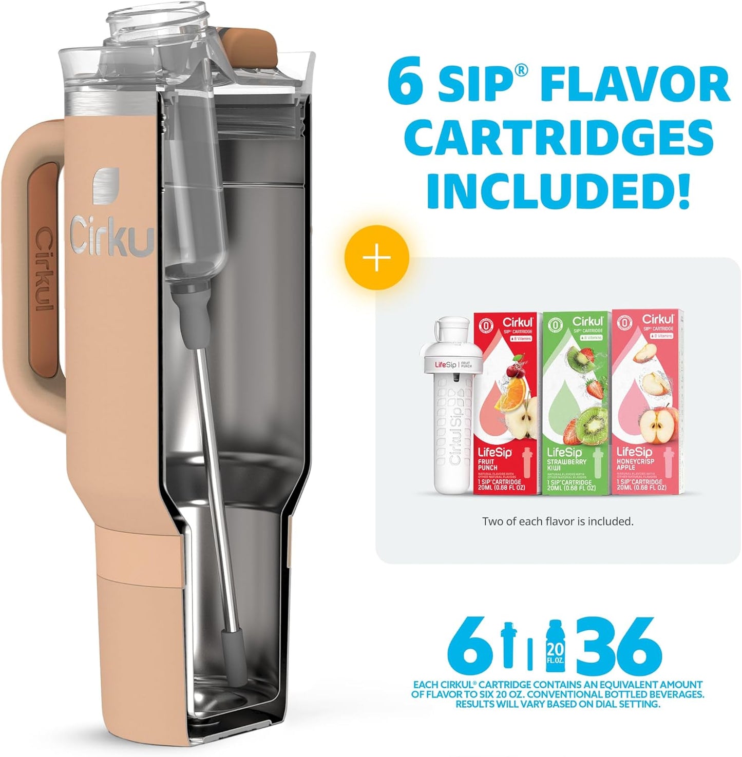 Cirkul 40oz Stainless Steel Insulated Tumbler Bundle in Apricot –Includes Flavor Cartridge Drink Mix Variety Pack, Zero Calories, No Sugar