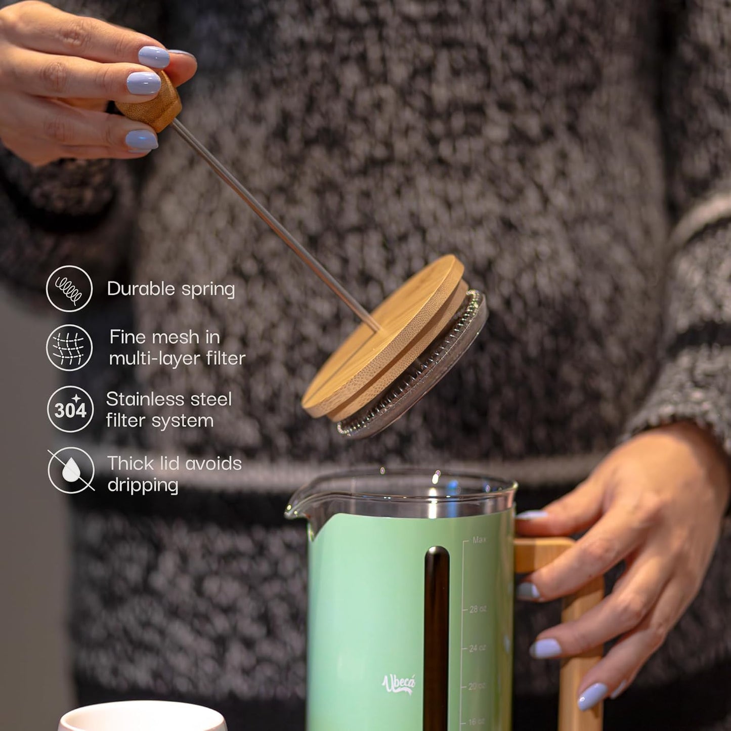 French Press Coffee Maker - 34 oz large Coffee Press with Bamboo Wood Handle, mint green, Heat Resistant Thick Borosilicate Glass carafe, 2 Layer Filter, Stainless Steel Long-lasting easy to use