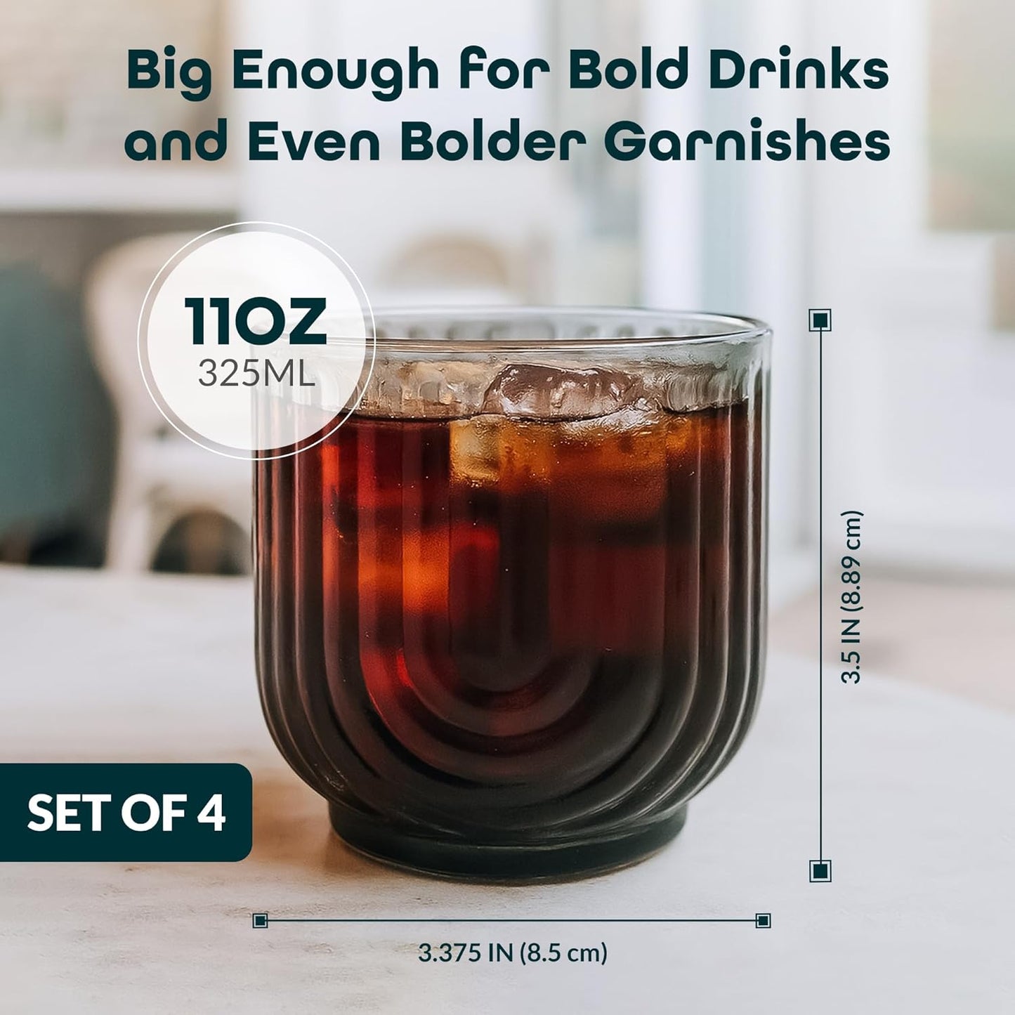 Glaver's Double Old Fashioned Rock Glasses, Set of 4 Smoke Black Whiskey Glasses, 11 oz Art Deco U-Shape Design Embossed Everyday Home Bar Glassware. Art Deco Elegant Kitchen Drinking Glasses.