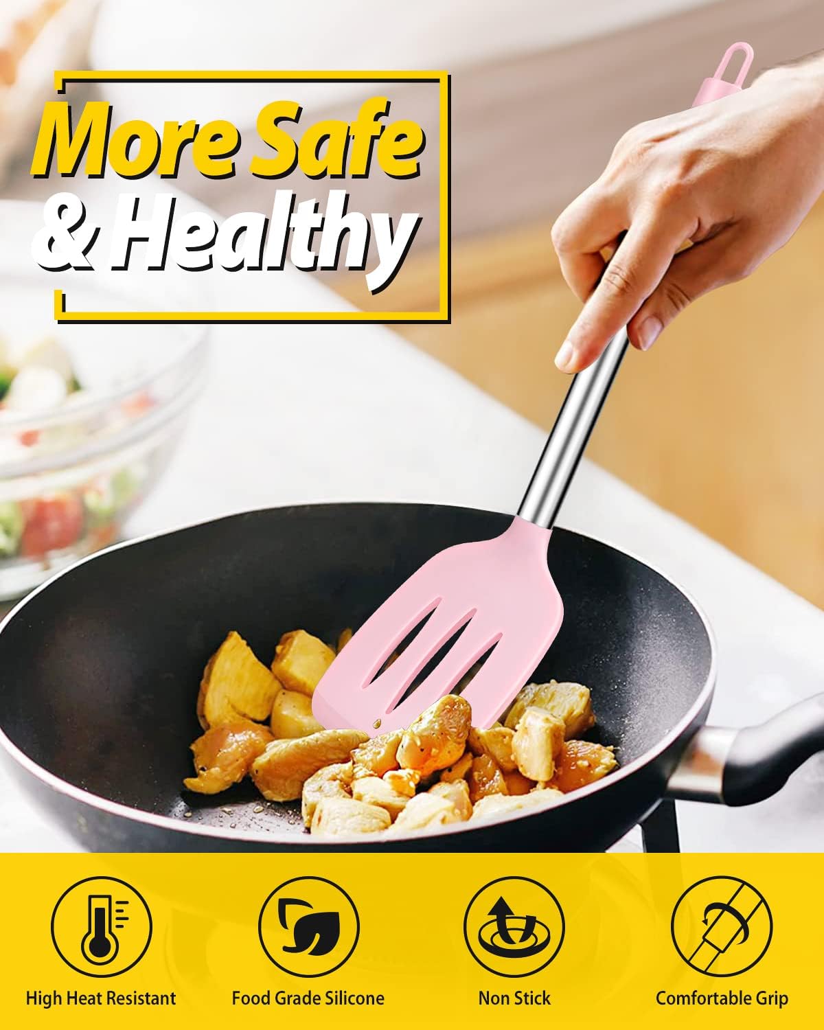 Pack of 4 Silicone Cooking Utensils Set, Non Stick Large Solid Spatulas, Heat Resistant Pink Slotted Spoons, Ideal BPA Free Kitchen Turners for Frying, Mixing,Serving,Draining,Turning,Stirring