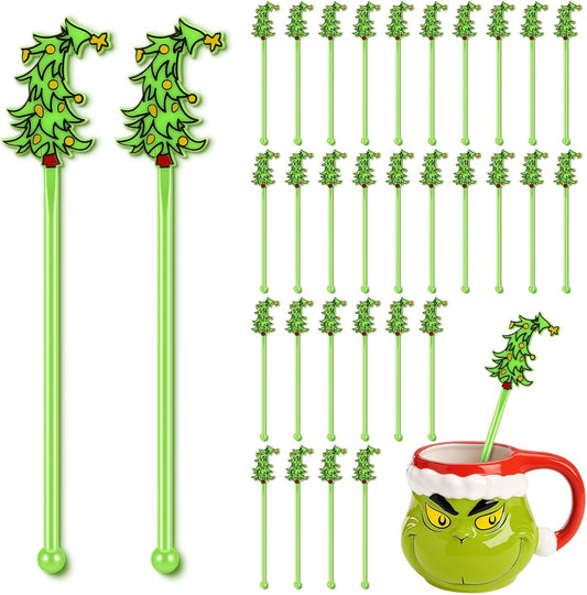30 Pcs Christmas Drink Stirrers Xmas Stir Stick Holiday Coffee Swizzle Stick Reusable Plastic Hot Cocoa Bar Chocolate Decoration Cocktail Mixer(Whimsical Tree,Fresh Color)