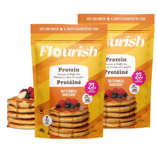 Flourish Protein Pancake & Waffle Mix, with Whey Protein & Flax Seed, No Added Sugar, High in Protein & Fiber - Just Add Water - Buttermilk Flavour, 430 g (2 Pack) - Made in Canada