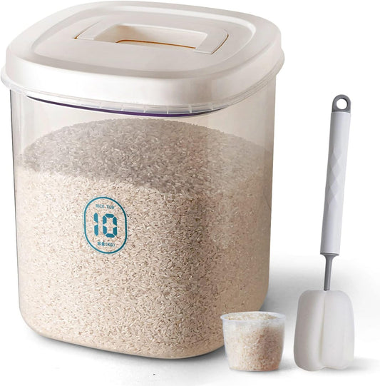 Rice Container 25 lbs,10.5 Qt/10 L/25 lbs Rice Dispenser Food Storage Bin with Measuring Cup & Brush Food Cereal Container Bins Household for Kitchen Pantry Organization(LG-10KG)