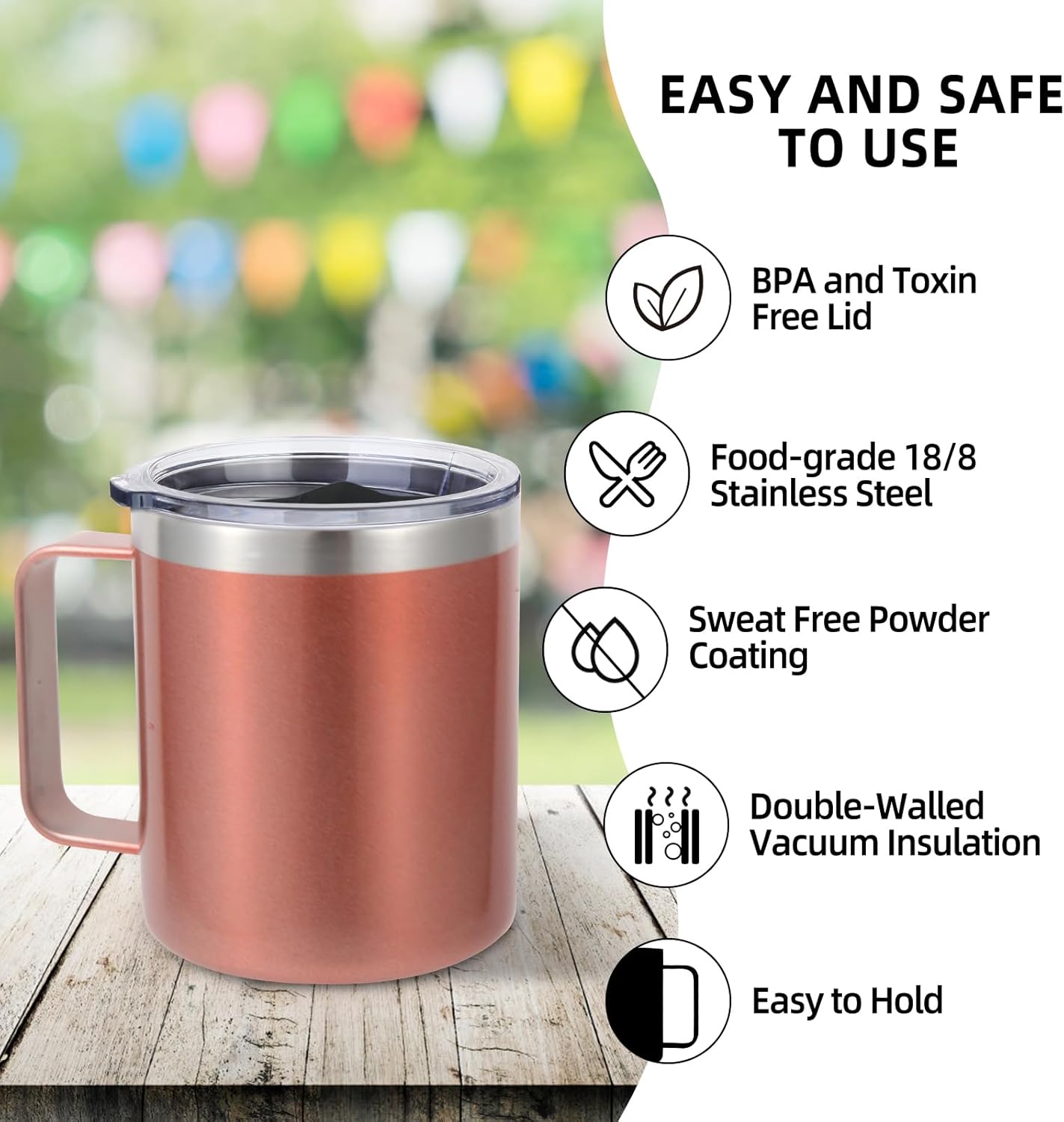 Volhoply 14oz Insulated Stainless Steel Coffee Mug with Leakproof Lid,Double Wall Vacuum Travel Coffee Cup with Handle,Reusable Metal Cups Tumbler, Camping Mugs Keep Hot,Ideal Gifts(Rose Gold,1)