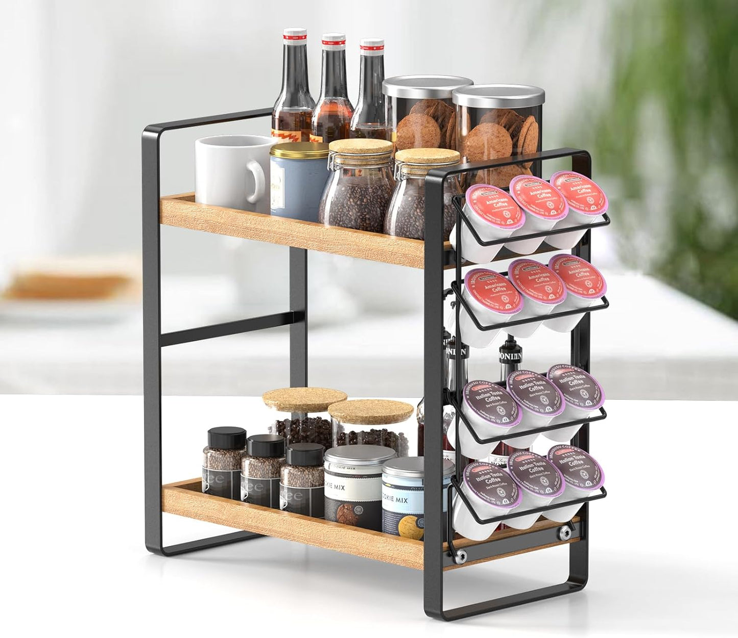 LEMIKKLE Coffee Station Organizer for Counter,Condiment Storage Caddy for Kitchen,2 Tier Wooden Shelf for Coffee Bar Accessories,Coffee Bar Organizer for Kitchen, Home, Office-Brown