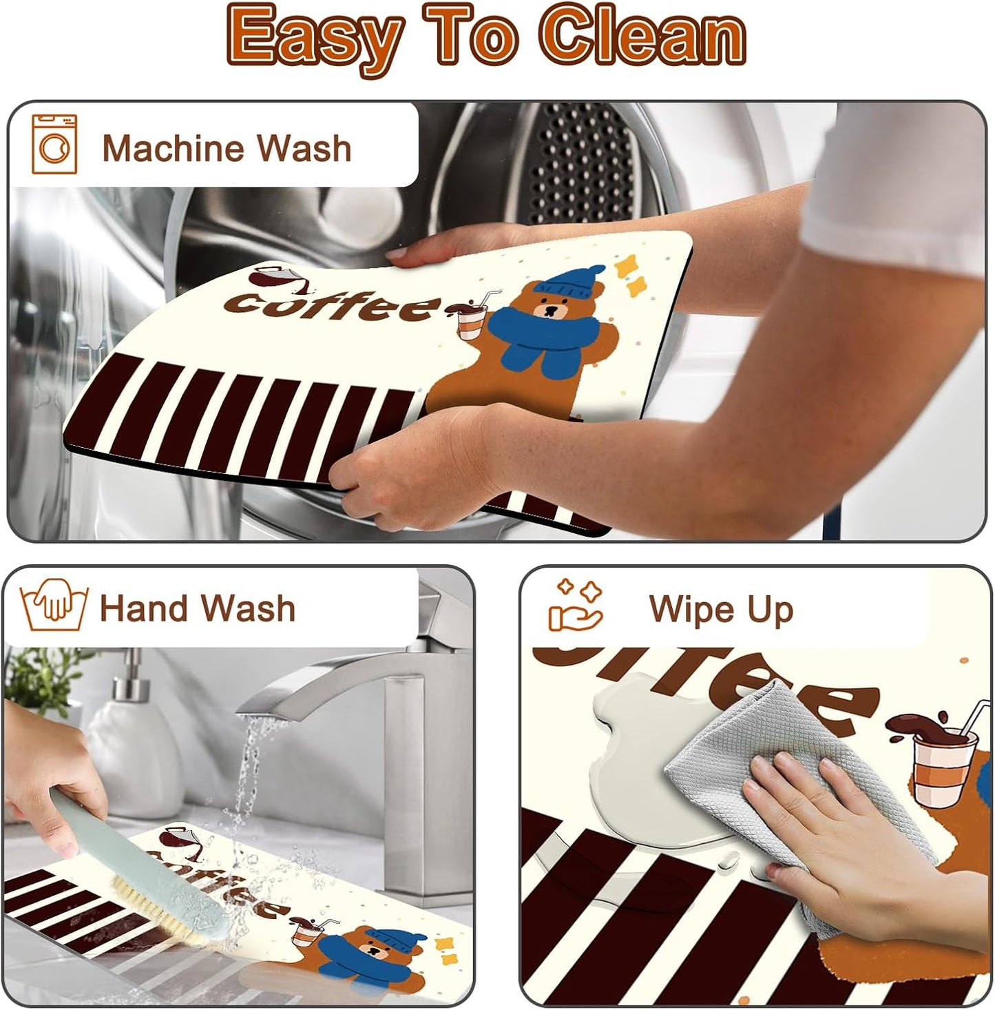 Coffee Bar Mat for Countertop, 17" X 28” Super Absorbent Dish Drying Mat, Large Kitchen Counter Mats Fits Under Coffee Maker, Non-slip Espresso Machine Pad, Bear Coffee