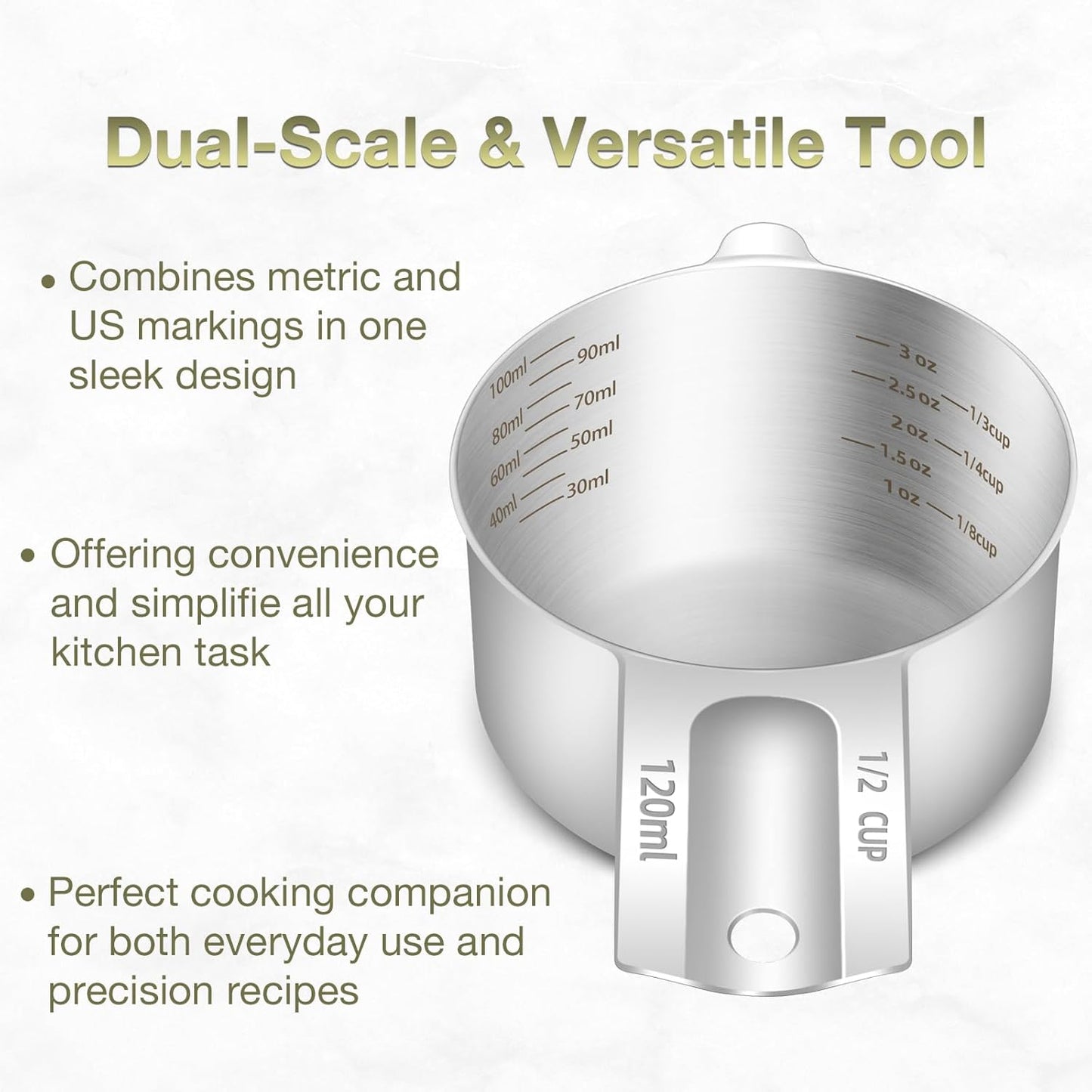 2PCS 1/2Cup (120ml, 4oz) Single Measuring Cup, Etched Inner Scale Stainless Steel Measure Scoop, Metric and US Measurement, Dishwasher Safe