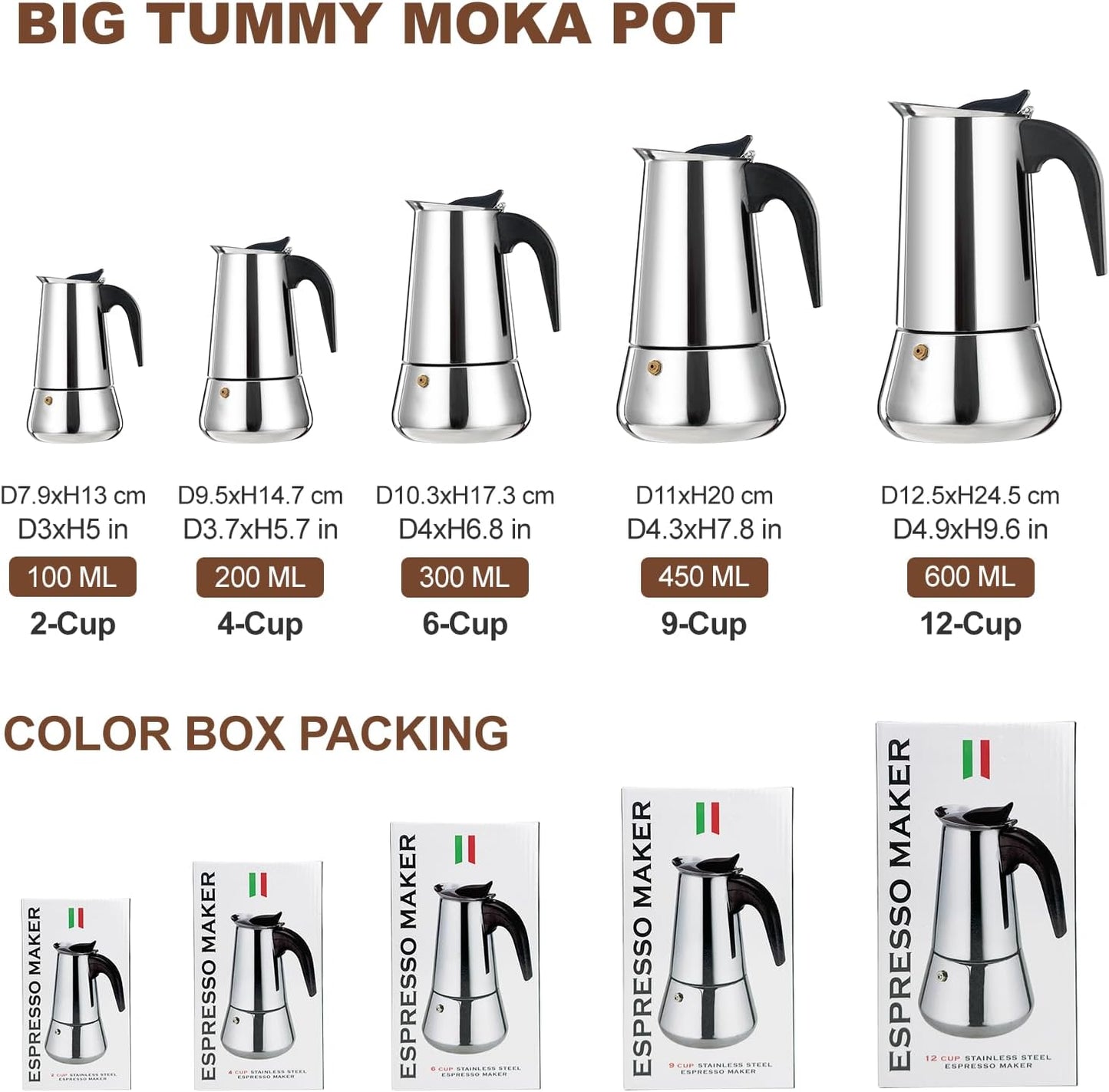 12 Cup Stovetop Espresso Maker Stainless Steel Moka Pot Stove Top Percolator Italian Coffee Makers Capable Mocha Greca Machine Cafe Classic Induction Cookers for Home and Camping 600ml 20oz