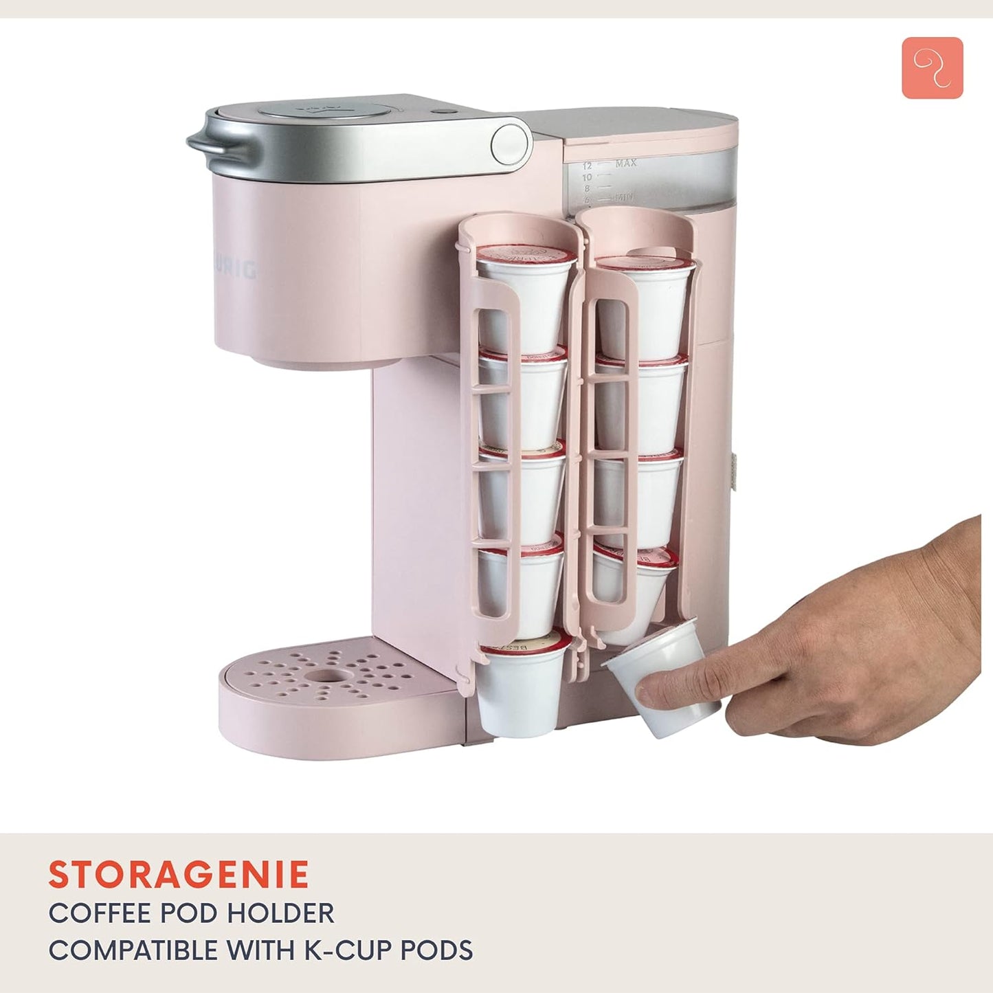 STORAGENIE Coffee Pod Holder for Keurig, Side Mount K Cup Storage, Perfect for Small Counters (2 Rows/For 10 K Cups, PINK)