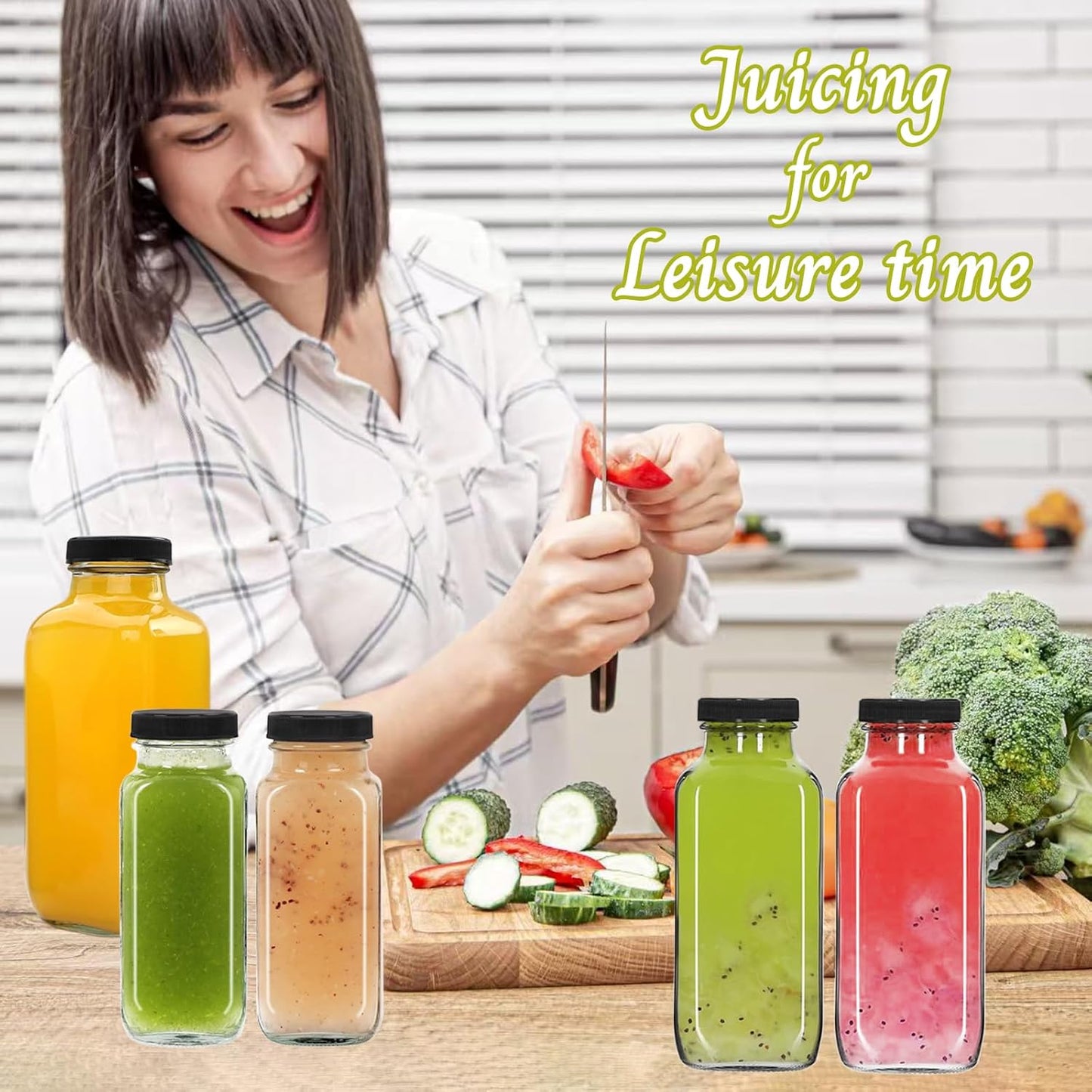 6 pack 8 oz Glass Juice Bottles with Lids, 250 ml Reusable Glass Water Bottles, Empty Drink Containers Drinking Jars with Brush, for Milk, Juicing, Kombucha, Ginger