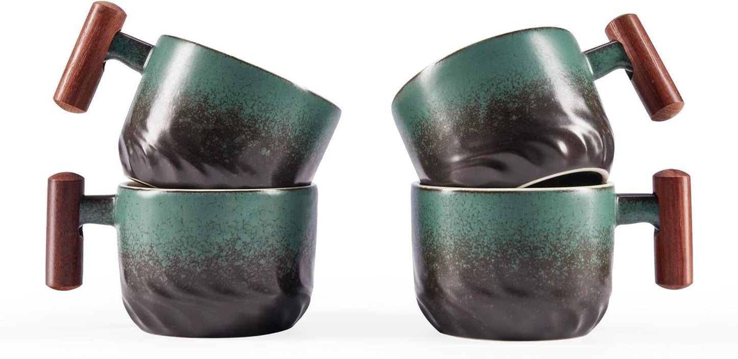 6oz Ceramic Espresso Cups with Wooden Handle, Small Coffee Cups for Latte Cappuccino, Tea Cups Set of 4