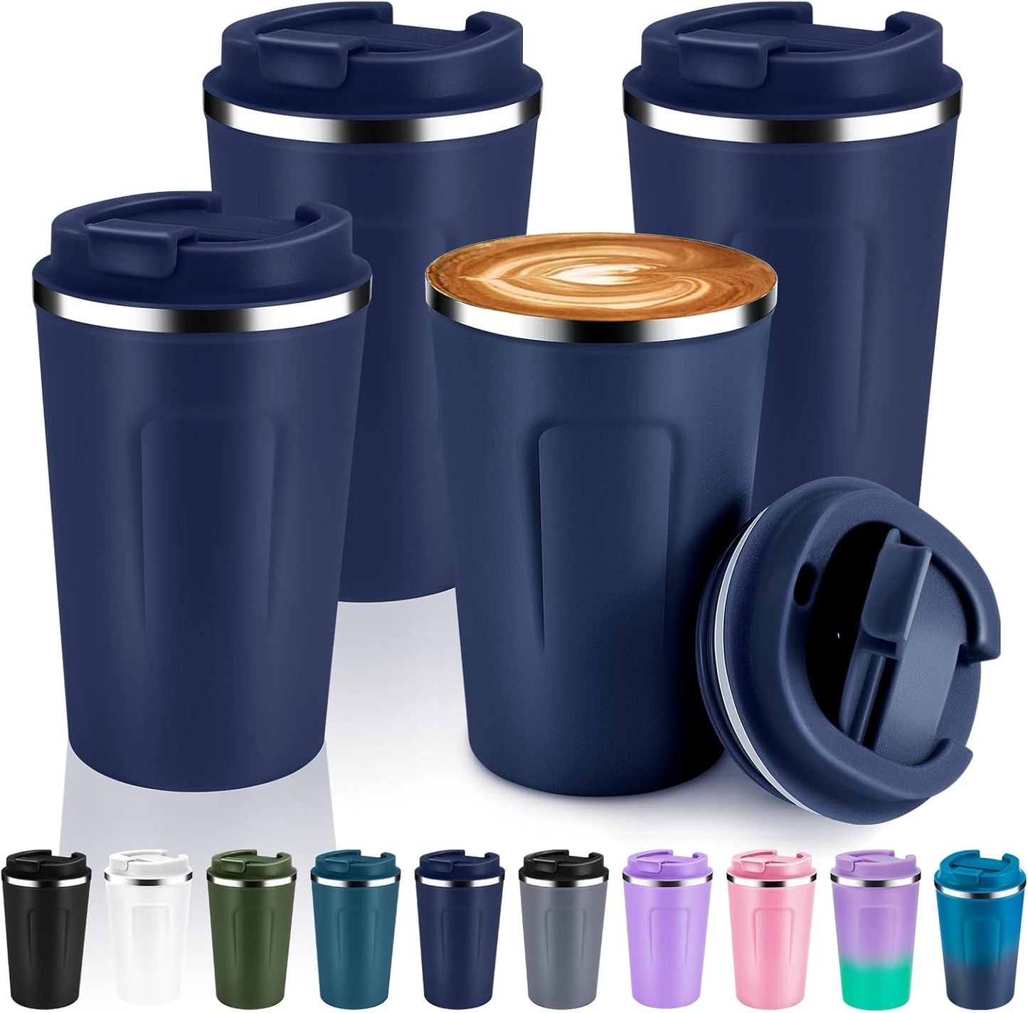 Volhoply 12 oz Double Wall Insulated Vacuum Travel Coffee Mug with Flip Lid Bulk 4 Pack,Reusable Stainless Steel Leak Proof Coffee Cups,Portable Cafe Thermal Tumbler for Hot & Cold Drinks(Navy,4 Set)
