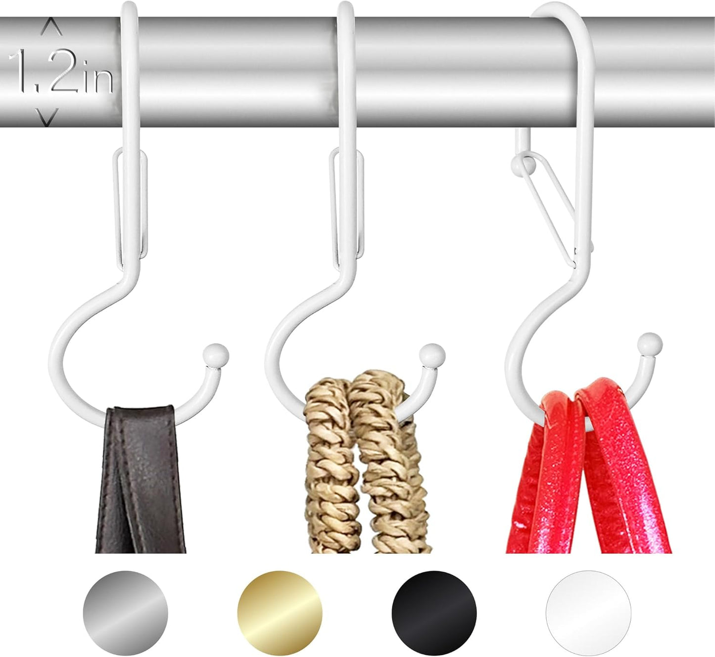 6 Purse Hanger for Closet. Tote Hanger. S-Shaped Hooks S Hooks Twist Design. Anti Drop S-Shaped Hook for Hanging Handbags with Safety Buckle to Prevent Falls. Heavy Duty. (White, Twisted)