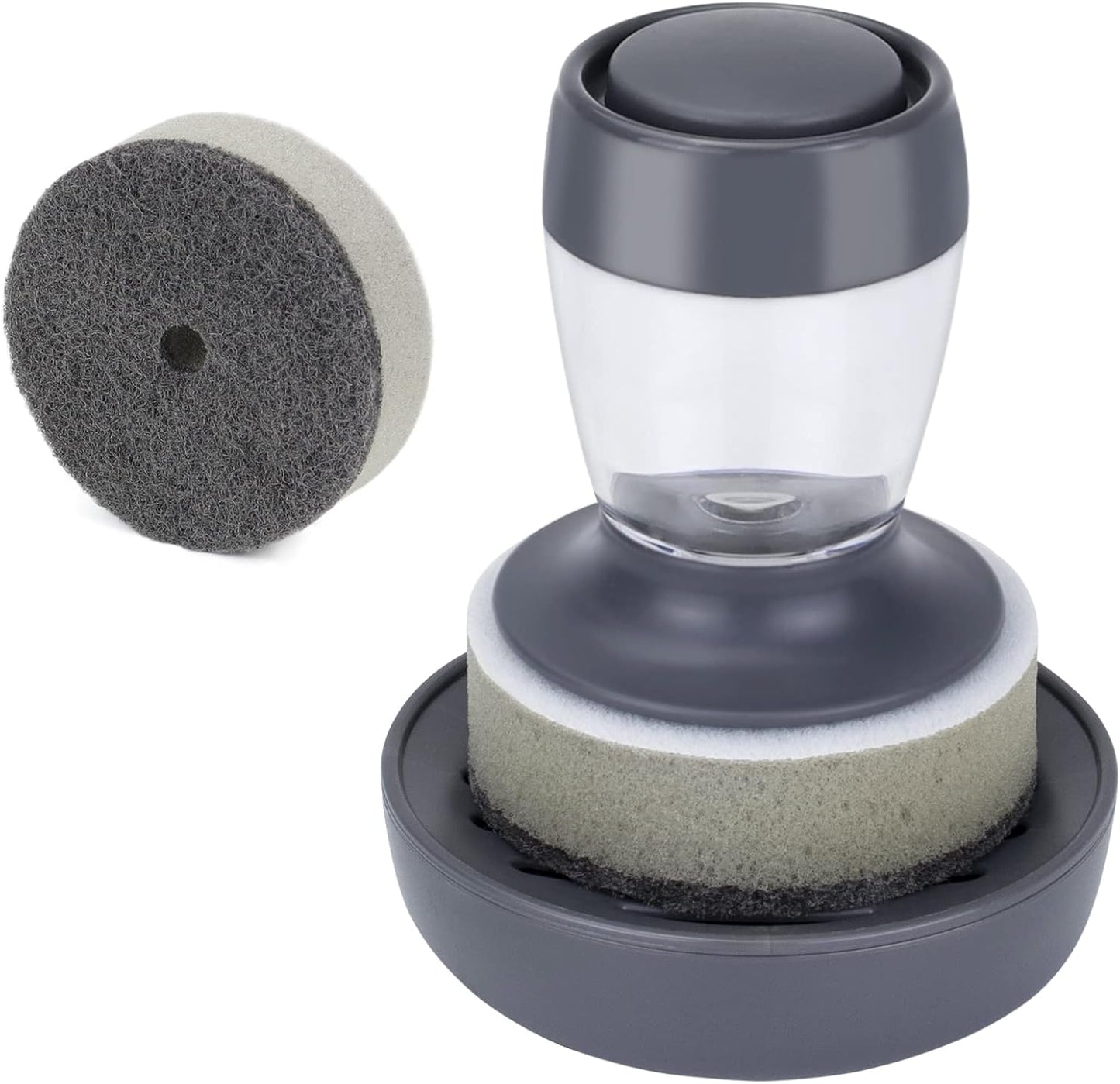 Dish Brush with Soap Dispenser, Kitchen Scrub Brush for Dishes Pots Pans Sink Cleaning, Scrub Sponge Dish Scrubber with Holder Set (Grey Handle & Scrub Sponge)