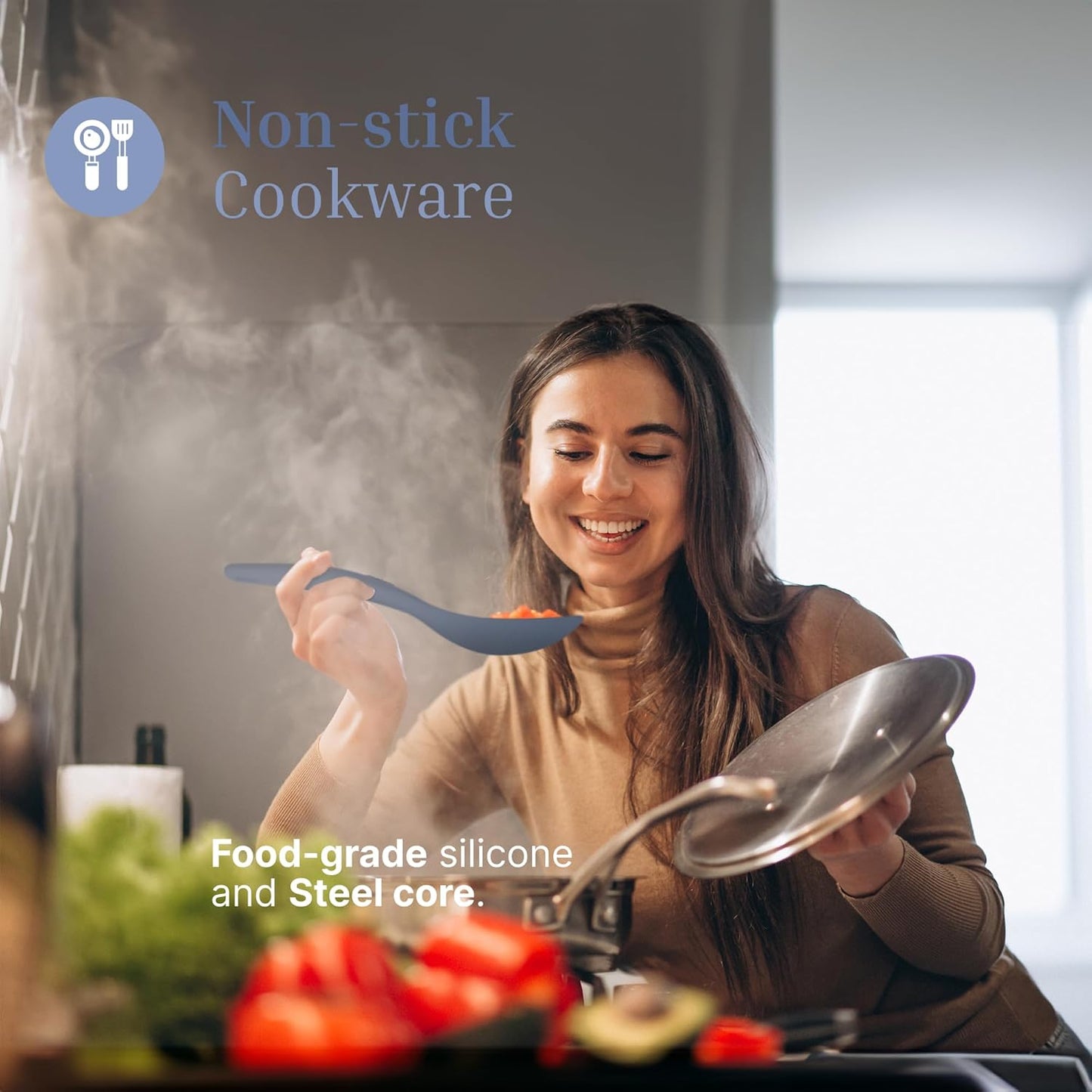 Silicone Rice Paddle Set – 2-Piece Set of Spoon Spatulas for Non-Stick Cookware – Kitchen Tools and Accessories with Comfortable Handles, Heat-Resistant Utensils for Cooking and Baking – Blue