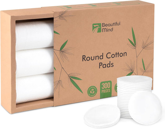 Cotton Round Pads for Face 300 Pack - 3 Layer Eye Makeup and Nail Polish Remover - Lint Free Cleansing Circle Pad for Facial Exfoliating, Toner - Travel Size Skin Care Rounds