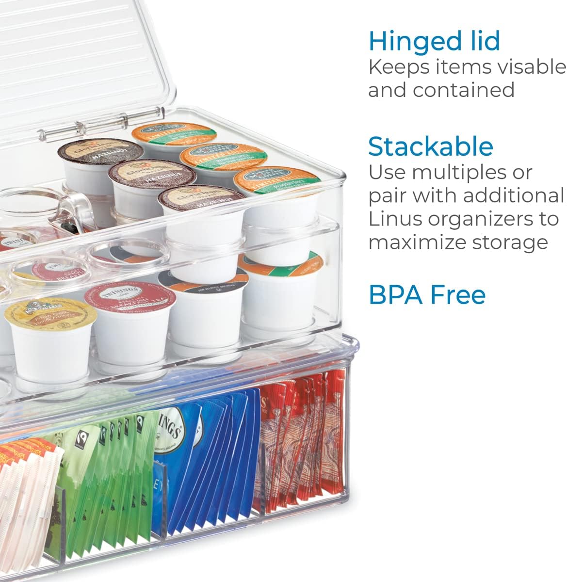 iDesign 2-Tier Coffee Pod Holder Lidded Bin, Plastic Pantry and Kitchen Storage, The Linus Collection – 7.25" x 10.75" x 4.25", Clear