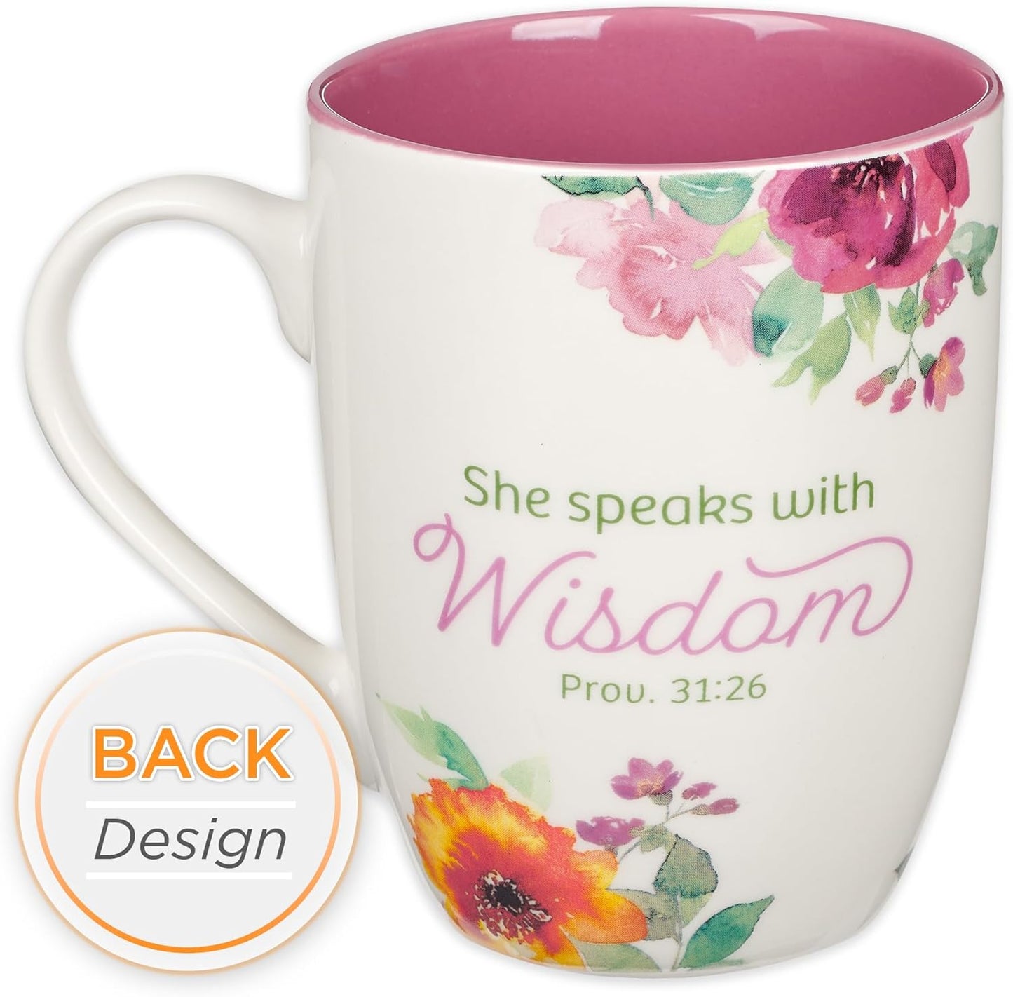Christian Art Gifts Inspirational Ceramic Coffee & Tea Scripture Mug for Women: She Speaks with Wisdom Bible Verse, Microwave & Dishwasher Safe Drinkware, Multicolor Floral, White & Dark Pink, 12 oz.