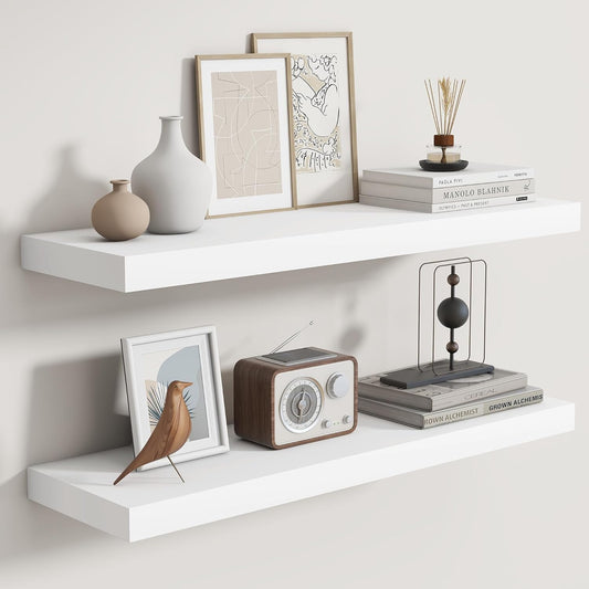 Fun Memories Rustic Floating Shelves for Home Decor, 8 Inch Deep Floating Shelf, Solid Wood Floating Wall Shelves 30 Inch Long, Deep Wall Shelves for Bathroom, Living Room, White Finsh, Set of 2