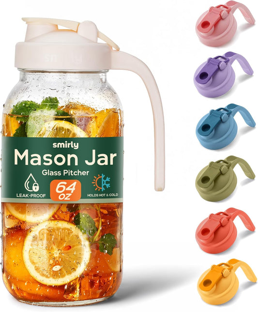 SMIRLY 64 oz Mason Jar Pitcher,Glass Pitcher with Wide Mouth,Water Jug with Double Leak Proof Lid for Iced Coffee,Hot Water,Breast Milk