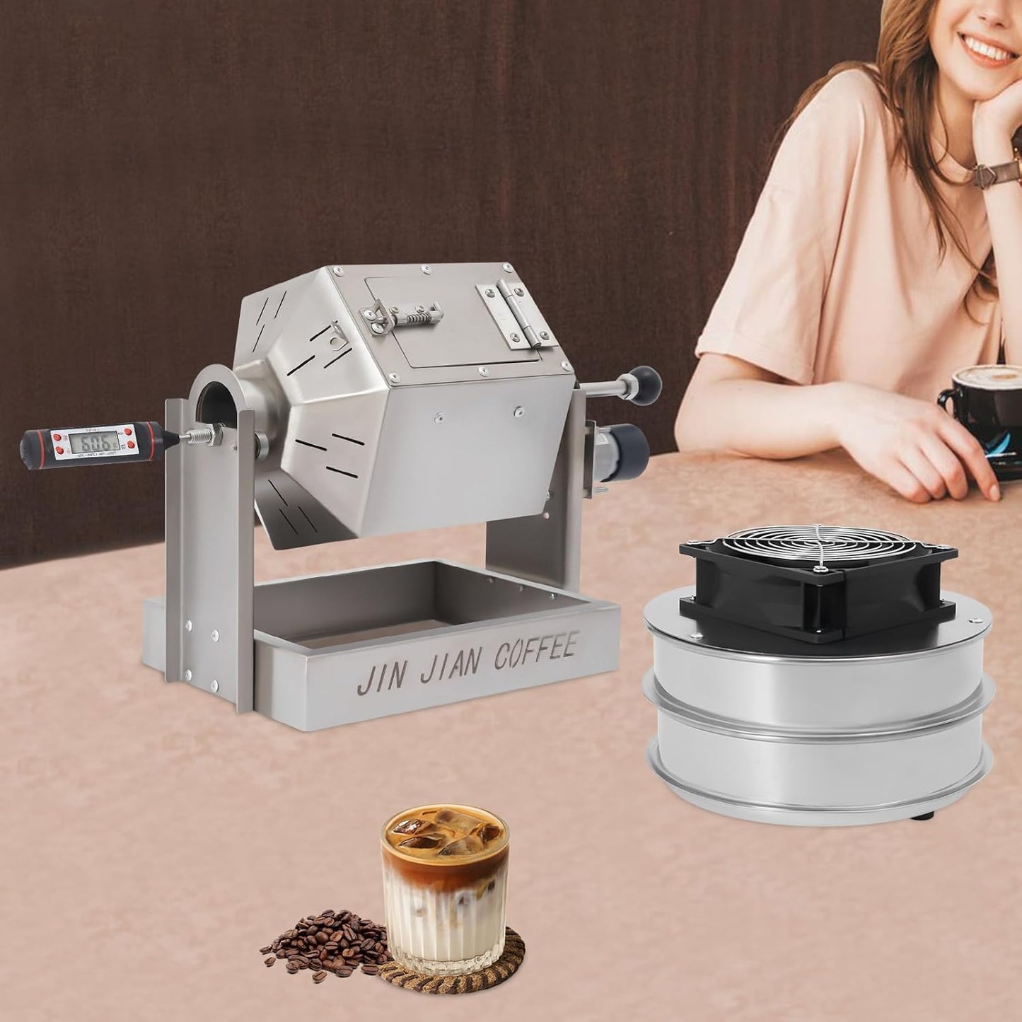 3.8L/3.45QT Coffee Roaster, Stainless Steel Coffee Bean Roaster with Cooler, 6 & 40 Mesh Sieves, Speed Controller, Thermometer, Drum Type Nuts Baker for Home and Commercial Use