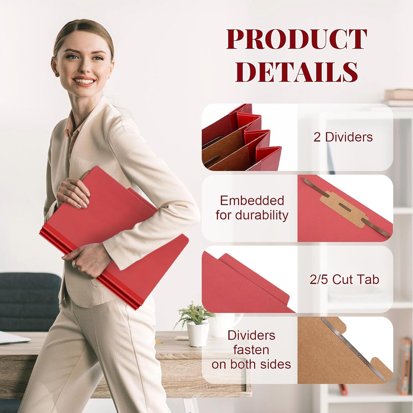 24 Pcs Classification Folders Letter Size Bulk - 2 Dividers Pressboard File Folder with 3. 5 Inch Expansion, 2 Prongs Fastener, Heavy Duty Office File Organizer for Teacher Medical (Dark Red)