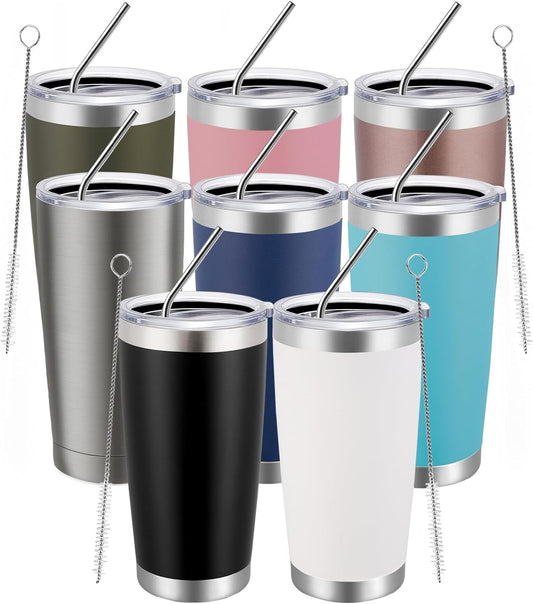 MEWAY 20oz Tumbler 8 Pack Double Wall Vacuum Insulated Travel Mug Bulk, Mix Color Stainless Steel Tumblers with Lid and Straw, Durable Powder Coated Coffee Cups for Cold & Hot Drinks（Color Mix, 8