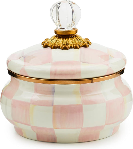 MACKENZIE-CHILDS Enamel Squashed Pot, Cute Enameled Container with Lid, 20 Ounces, Pink-and-White Rosy Check