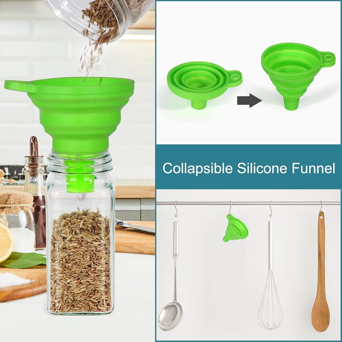 CycleMore 48 Pack 4oz Glass Spice Jars Bottles, Square Spice Containers with Silver Metal Caps and Pour/Sift Shaker Lid-80pcs Black Labels,1pcs Silicone Collapsible Funnel and 2pcs Brush Included