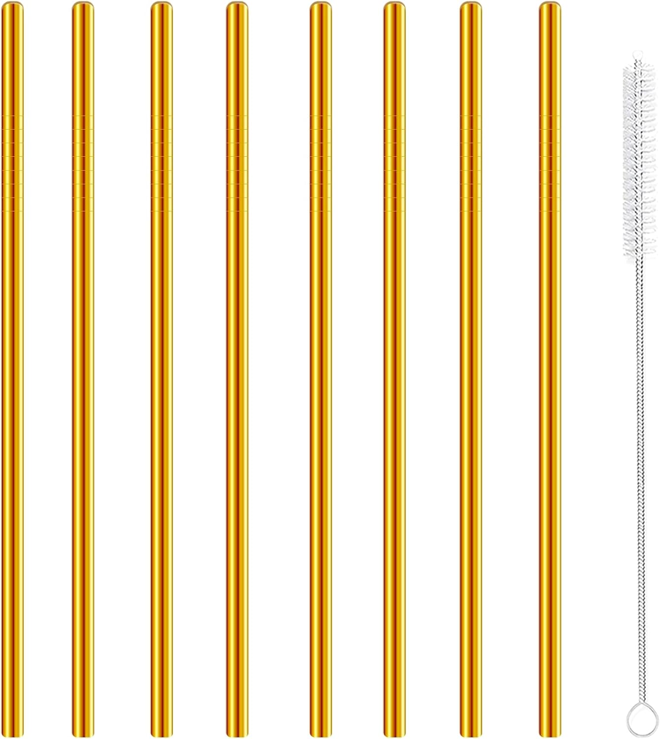 Stainless Steel Straws Metal Reusable Drinking Straw for Juice Iced Coffee Cold Beverage Water Highball Glasses 20oz Tumblers Mugs Cups, 0.24" 6mm Wide 215mm Long, Set of 8 with Brush, Gold