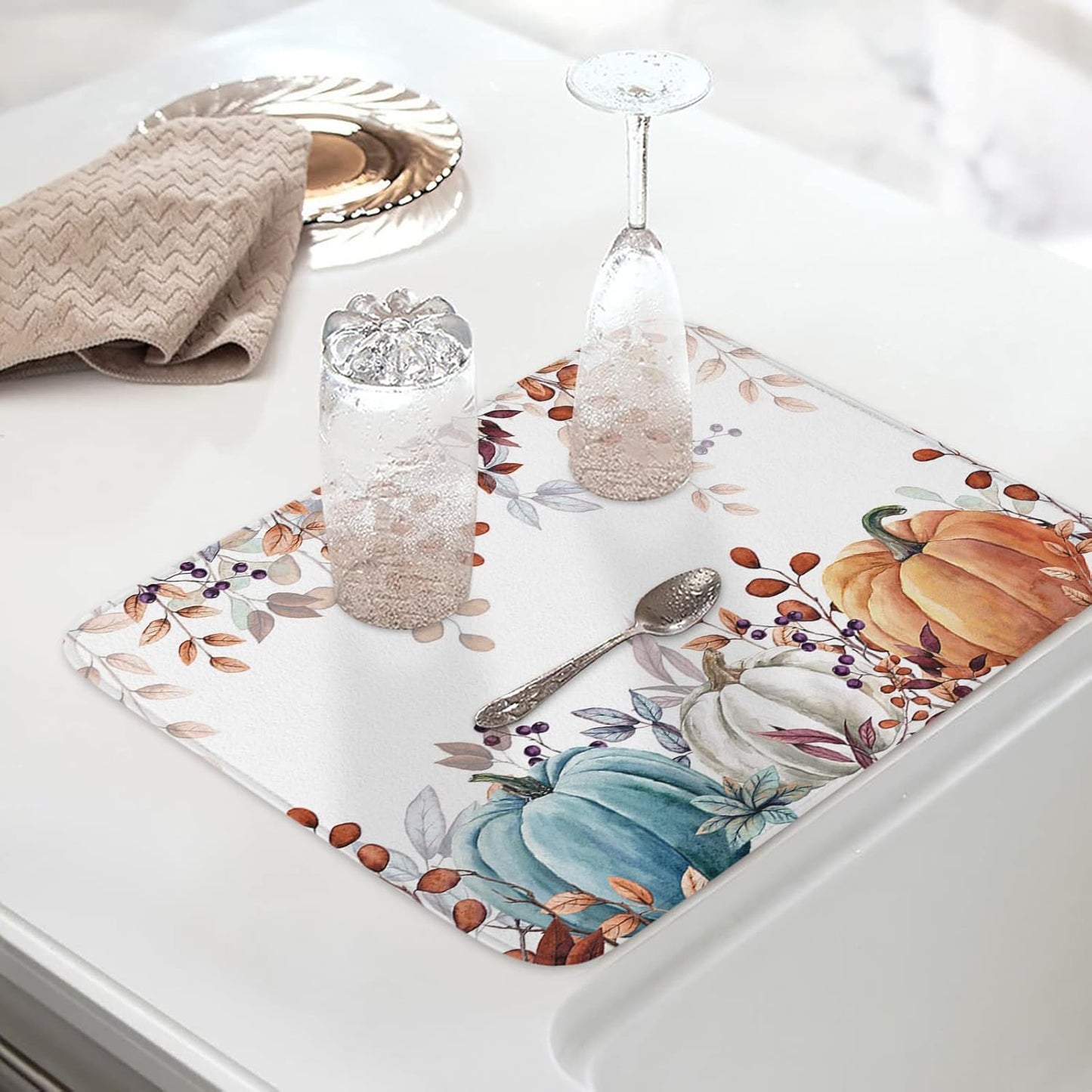 Fall Dish Drying Mat for Kitchen Counter Pumpkin Drying Pad Absorbent Drying Mats for Countertops Sinks Draining Racks Autumn Eucalyptus Leaves Drainer Holiday Harvest Thanksgiving Decorations 16x18