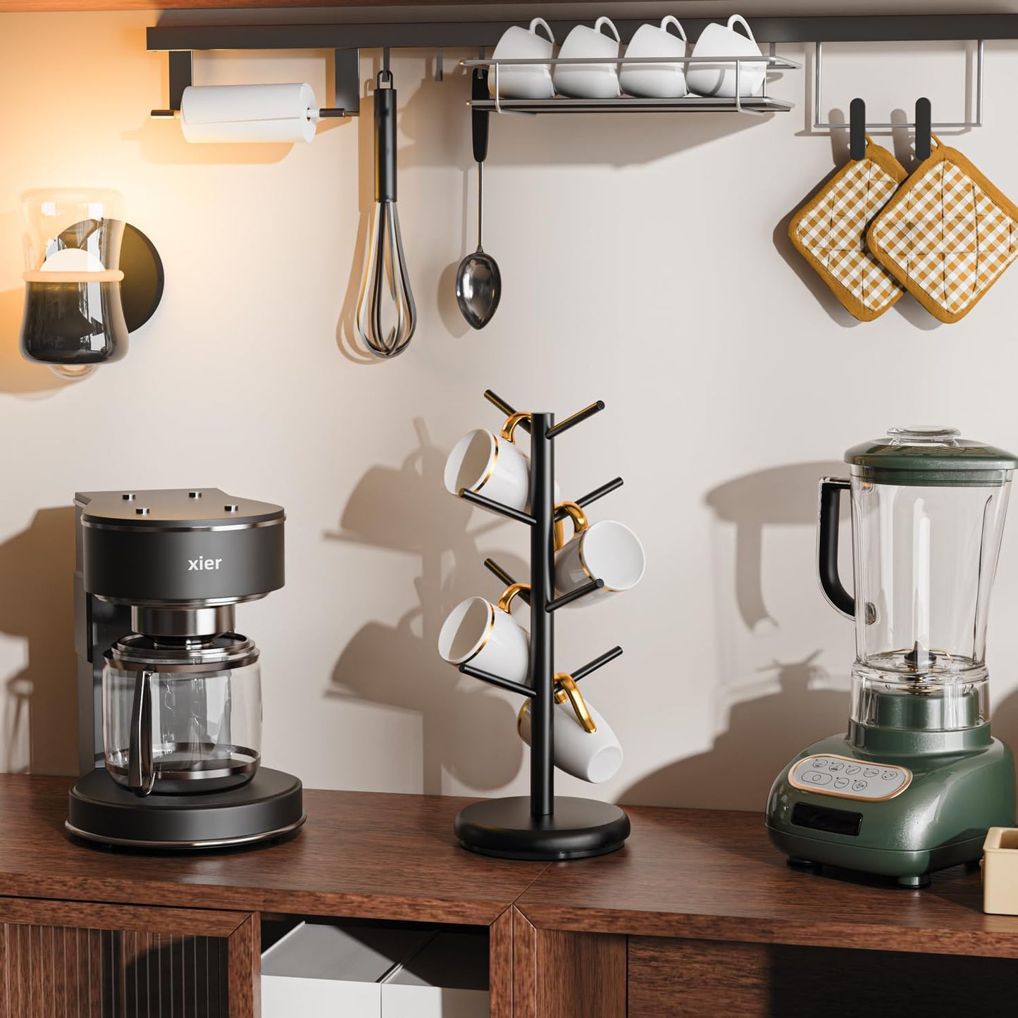 BAMBANG Coffee Mug Tree, 360° Rotating Bamboo Cup Holder Tree for Counter Top, Mug Rack with 8 Hooks, Mug Stand for Coffee Bar, Home, Black