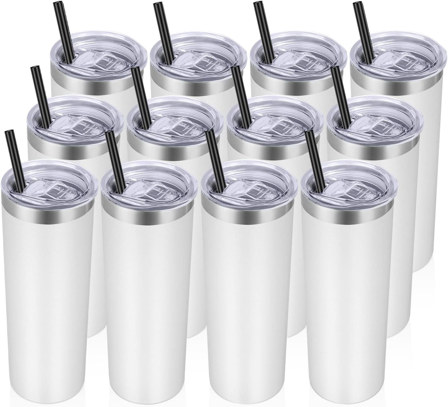 VEGOND Stainless Steel Tumblers Bulk 12 Pack, 20 oz Vacuum Insulated Skinny Tumblers with Lids and Straws, Double Wall Coffee Mug, Travel Water Cup, White