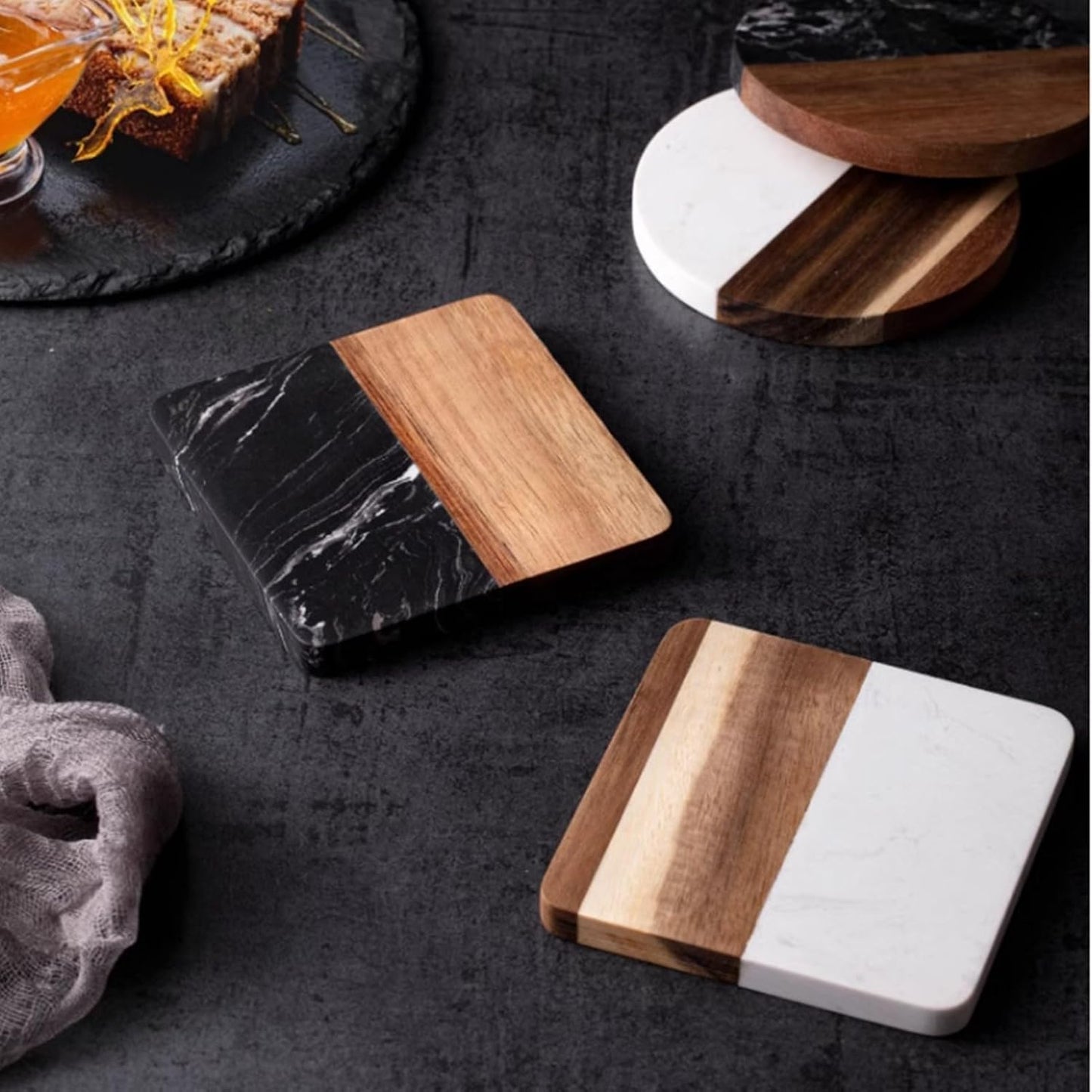 I-LAN 4 Pack 4 x 4 Inch Squre Natural Wood and Marbel Style Coasters for Drinks,White Marble and Natural Wood Joint Mixed Modern Style Heat-Resistant Coaster Set for Home Kitchen