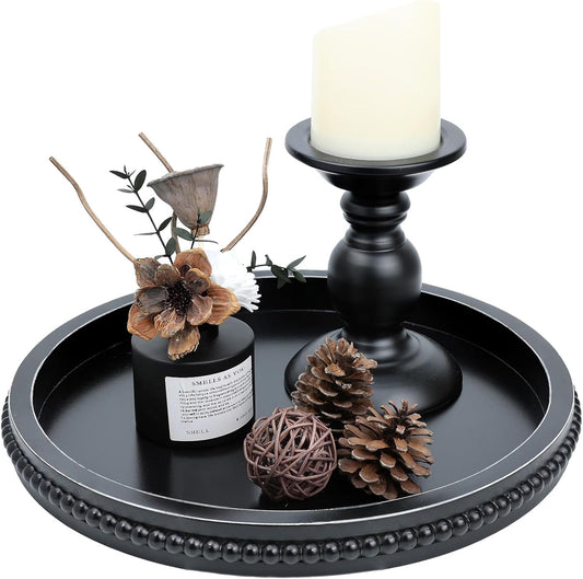 Black Round Wood Decorative Ottoman Tray for Coffee Table Kitchen Counter, Living Room, Handcrafted Wooden Serving Tray for Table Centerpiece