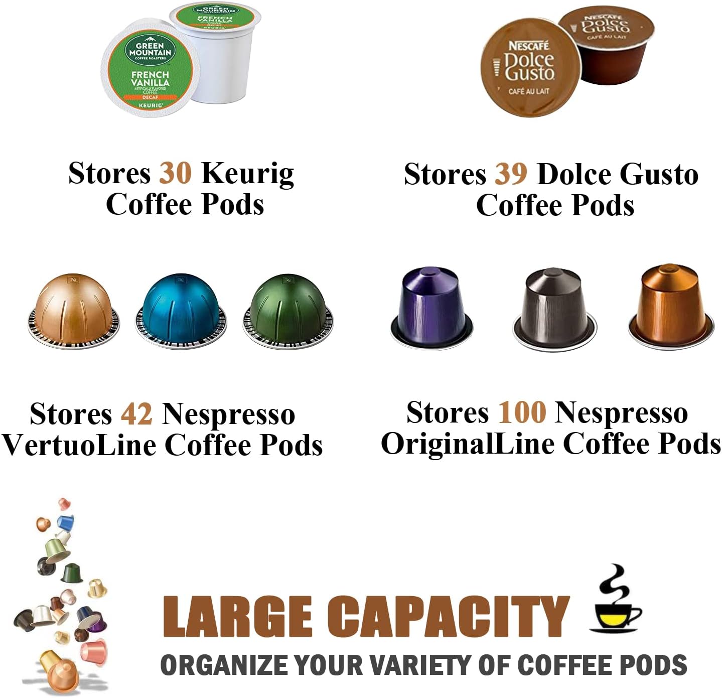Charmount Coffee Pod Holder - Large Capacity K Cup and Espresso Pod Organizer, Keurig Kcup and Espresso Capsule Storage (Brown)