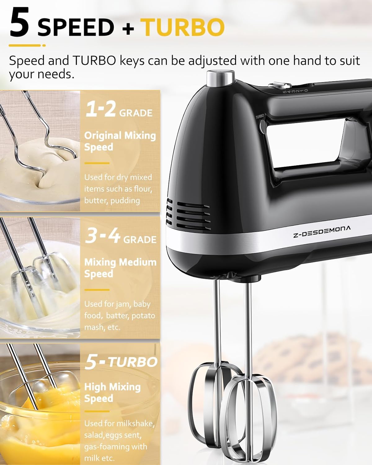 Electric Hand Mixer, Powerful 300W Hand Mixer Electric Handheld with 304 Beaters, Dough Hook,Hand Held Mixer with Turbo for Baking Cakes, Eggs, Cream Food(Black)