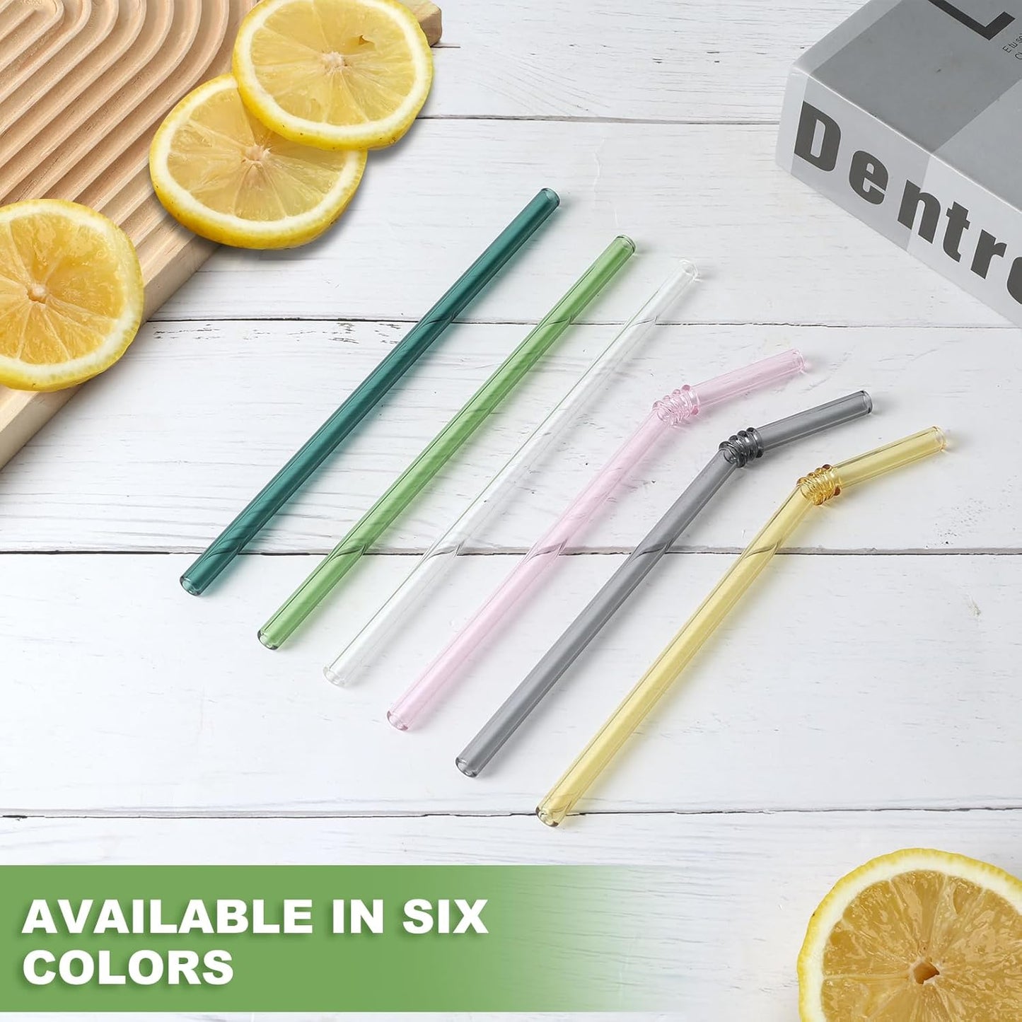 Curved Stained Glass Straws with Designs, 6-Pack Reusable, Approximately 9 Inches Long, 8MM Diameter, Shatterproof and Heat-Resistant, Includes 2 Cleaning Brushes.