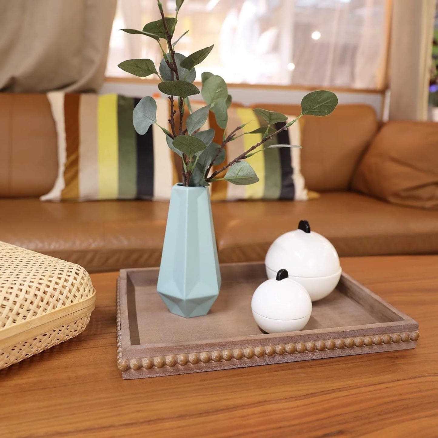 Wood Decorative Tray, Distressed Outdoor Serving Tray with Wooden Bead for Ottoman, Coffee Table, Entertaining, Home Decor, Rectangular 15.7”*11.8”*1.57” (Retro Brown)