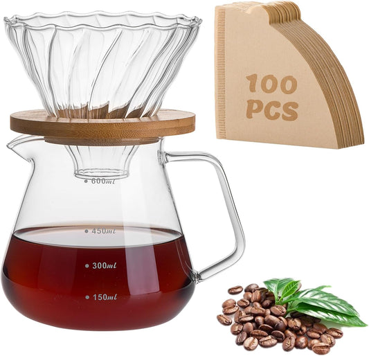 Pour Over Coffee Maker Set – Drip Coffee Pot with bamboo Handle, Glass Coffee Dripper & 100 Filters, 20oz/600ml Capacity